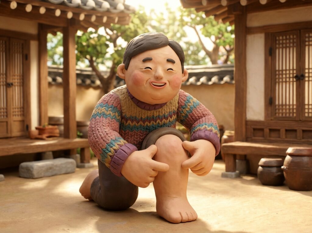 [종아리의 가장 두꺼운 부분을 양손 엄지와 검지로 감싸고 있는 모습, 핑거링 테스트 시연 장면]