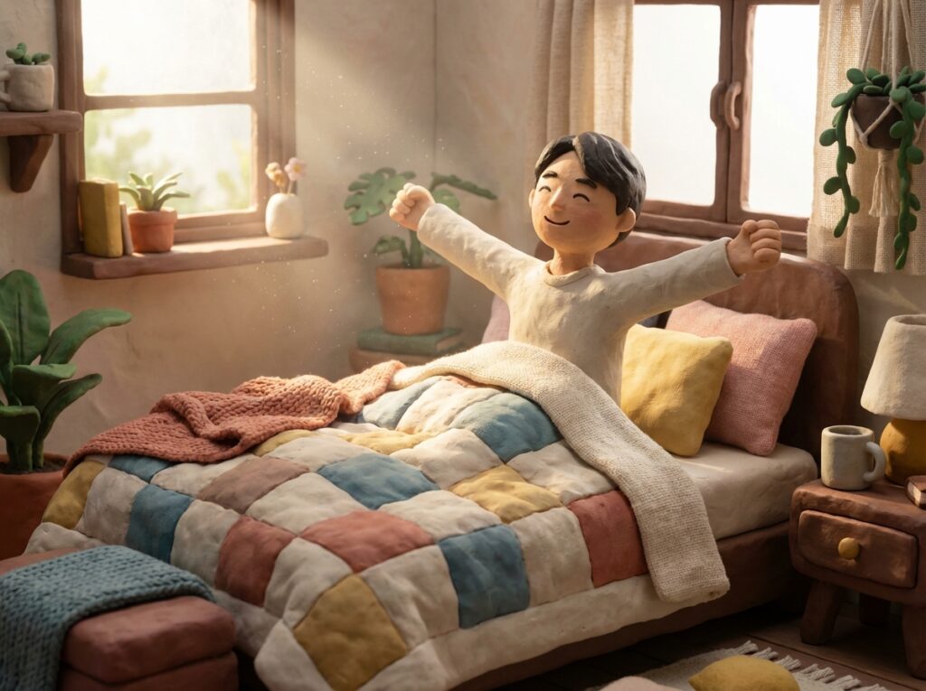 [침대에서 개운하게 기지개를 켜며 일어나는 행복한 모습]