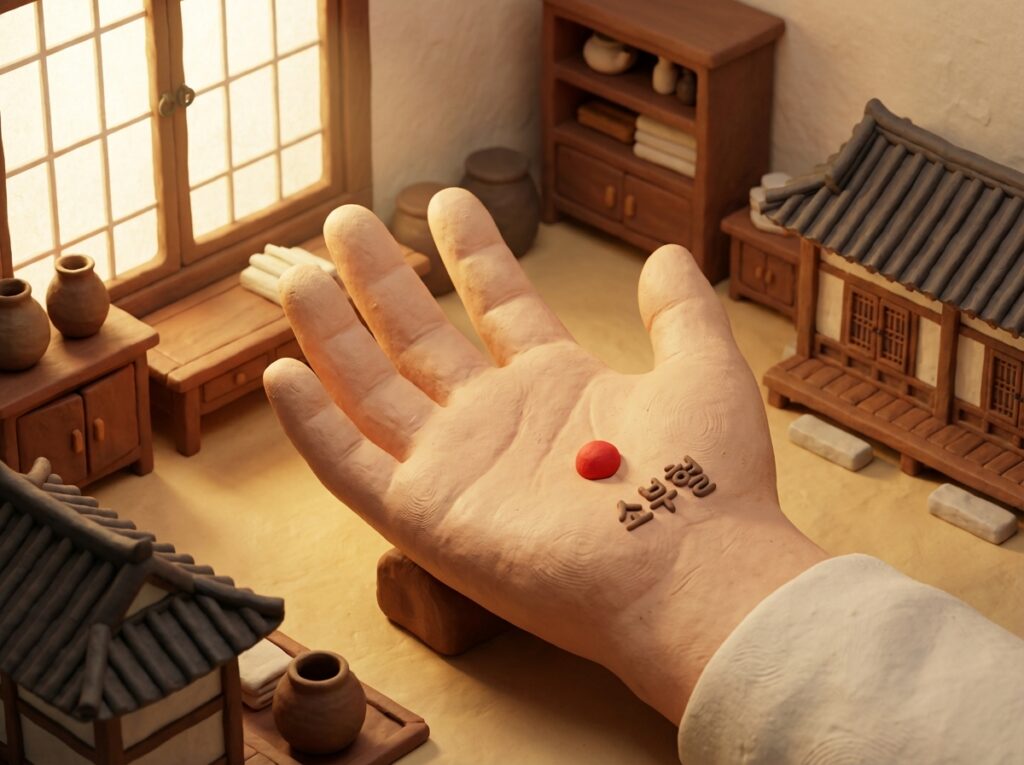 [손바닥의 소부혈 위치를 정확하게 짚어주는 일러스트 이미지, 혈자리 위치에 붉은 점 표시]