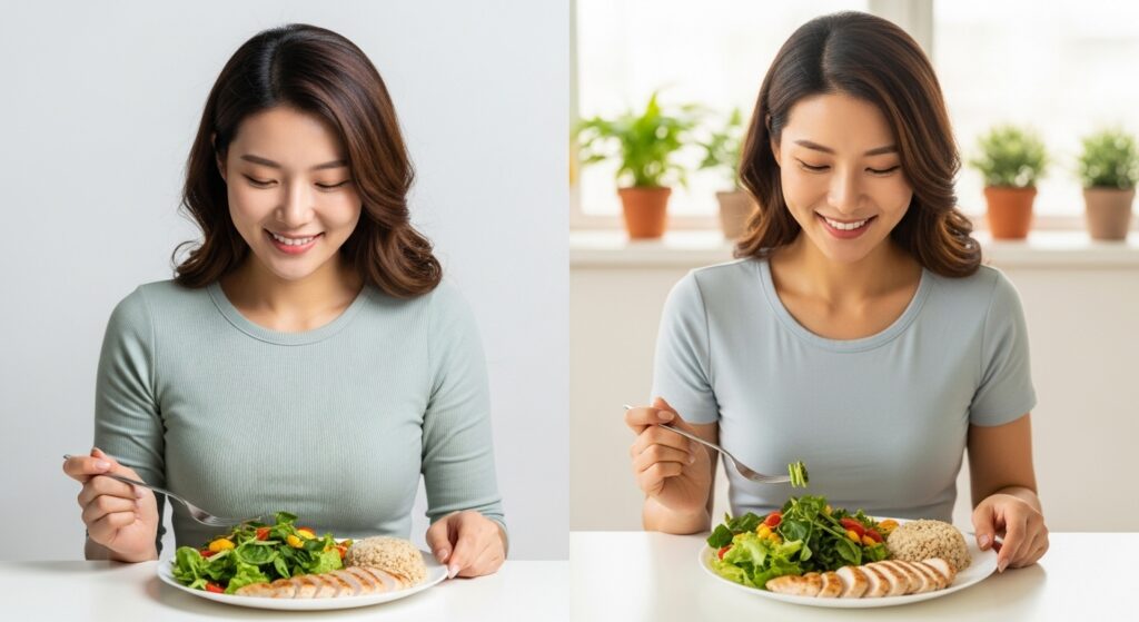 단기 다이어트의 피로함과 건강한 식단의 활력을 비교하는 한국 여성의 모습