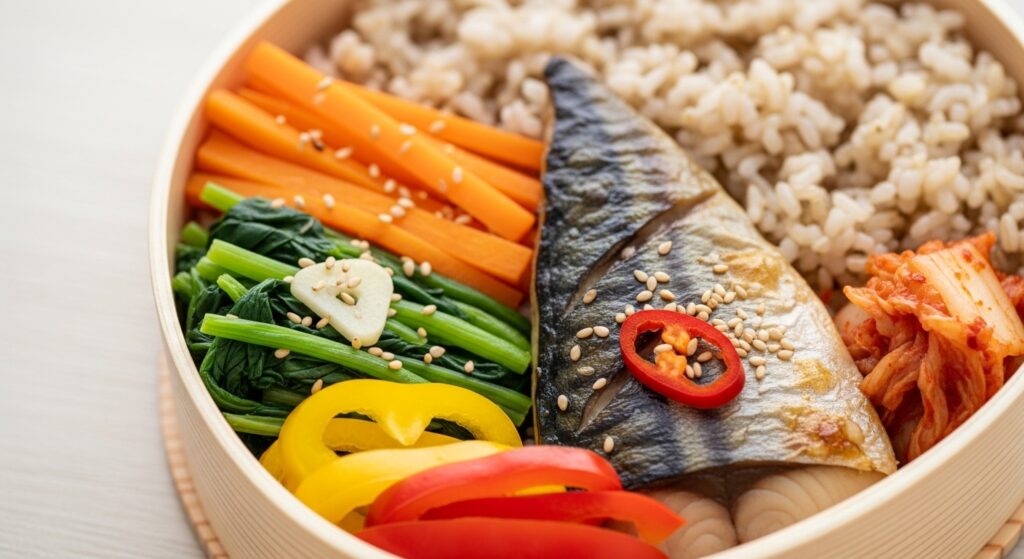 현미밥과 생선, 채소로 구성된 건강한 다이어트 도시락 클로즈업