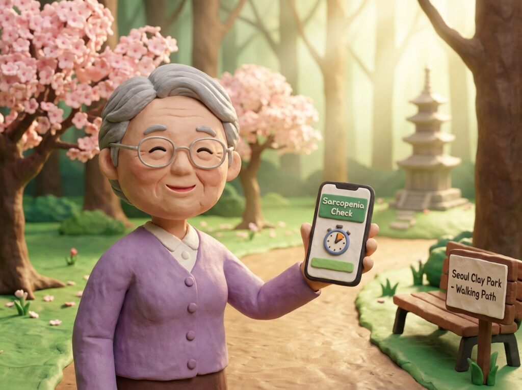 [스마트폰 화면에 근감소증 자가진단 앱이 실행되어 있고, 보행 속도를 측정하는 UI가 보이는 이미지]