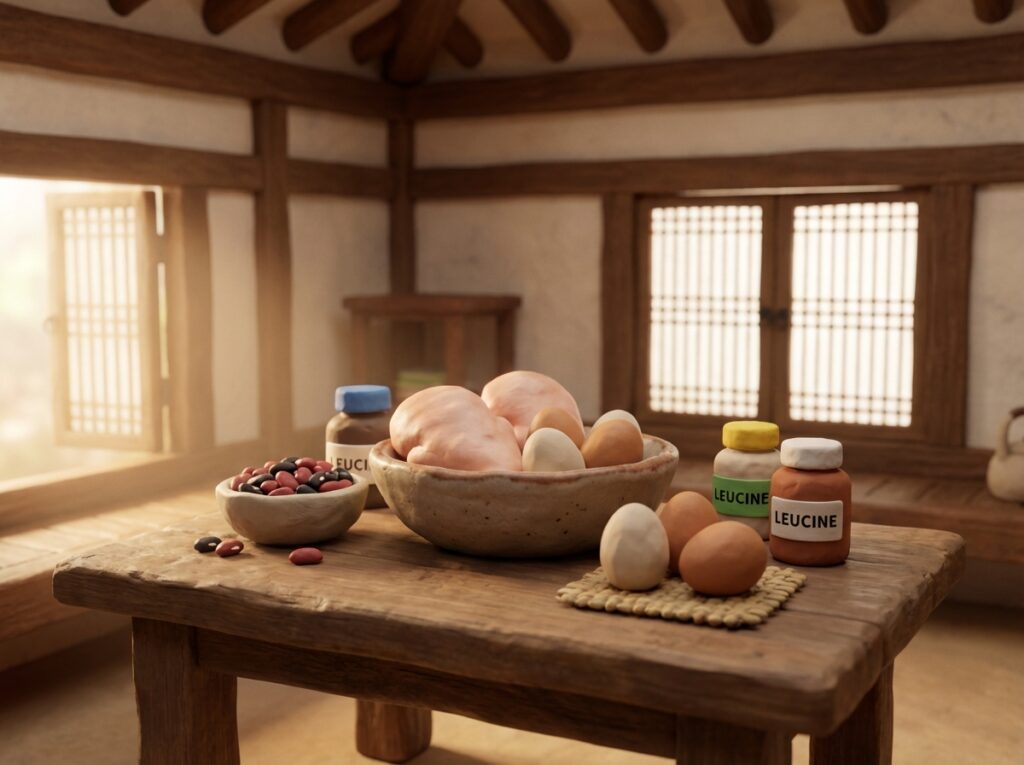 [단백질이 풍부한 닭가슴살, 계란, 콩, 그리고 류신 보충제가 식탁 위에 예쁘게 차려진 모습]