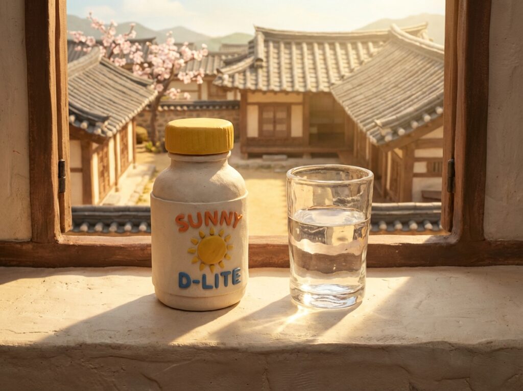 [햇살이 잘 드는 창가에 놓인 비타민D 영양제 병과 물 한 잔]