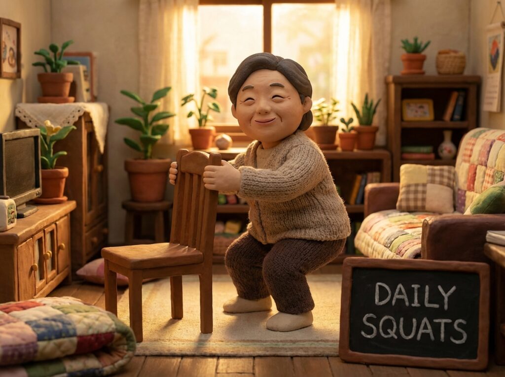[거실에서 의자를 잡고 안전하게 스쿼트 자세를 취하고 있는 중년 여성의 모습]