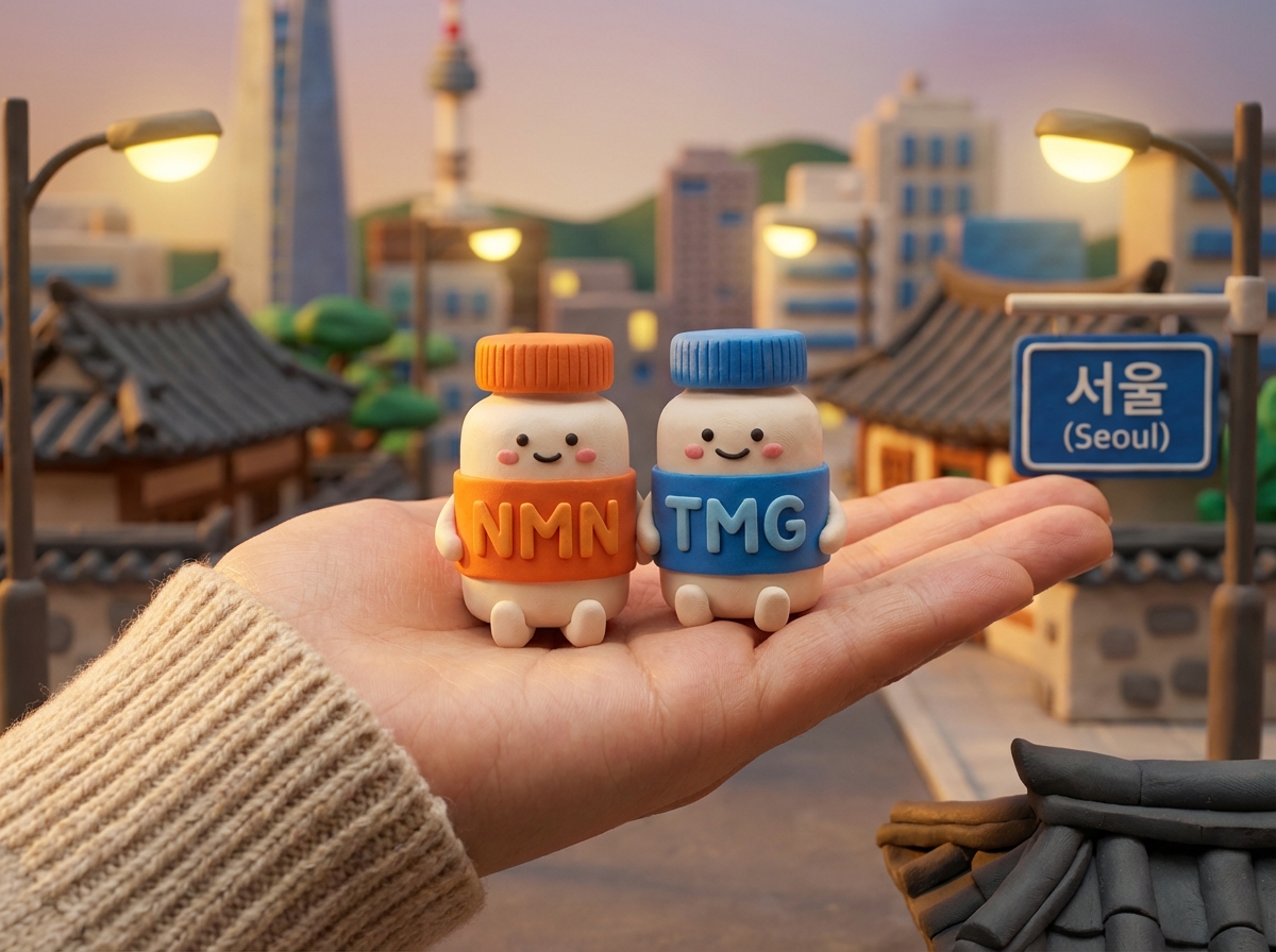 [NMN과 TMG 영양제를 나란히 손바닥에 올려둔 모습]